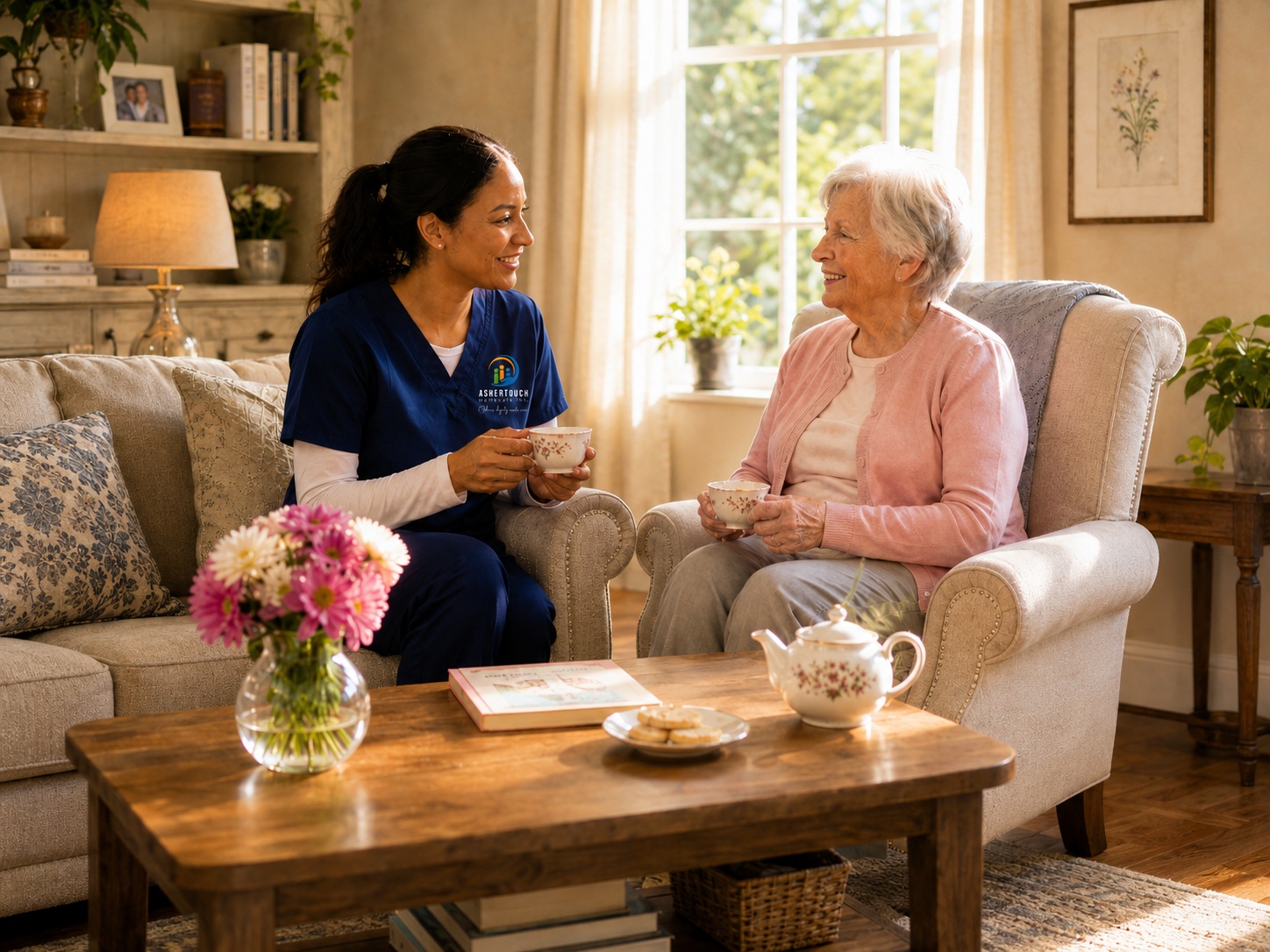 Caregiver and senior sharing tea in a sunny living room